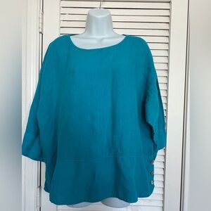 Bryn Walker 100% Linen Button Detail Top Size L Teal Relaxed Fit Made in USA